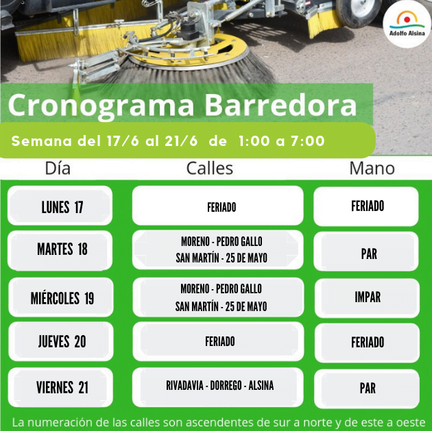 Cronograma de la barredora del 17 al 21 de junio