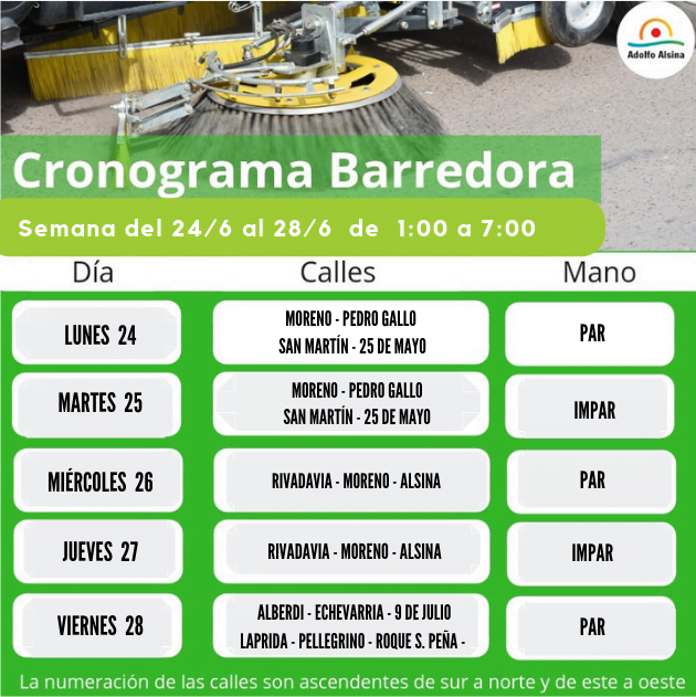 Cronograma  de la Barredora del 24 al 28 de junio