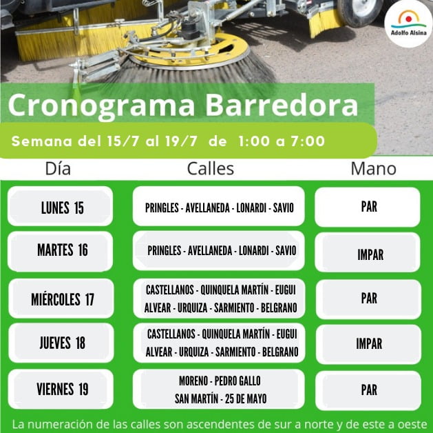 Cronograma  de la Barredora del 15 al 19 de julio